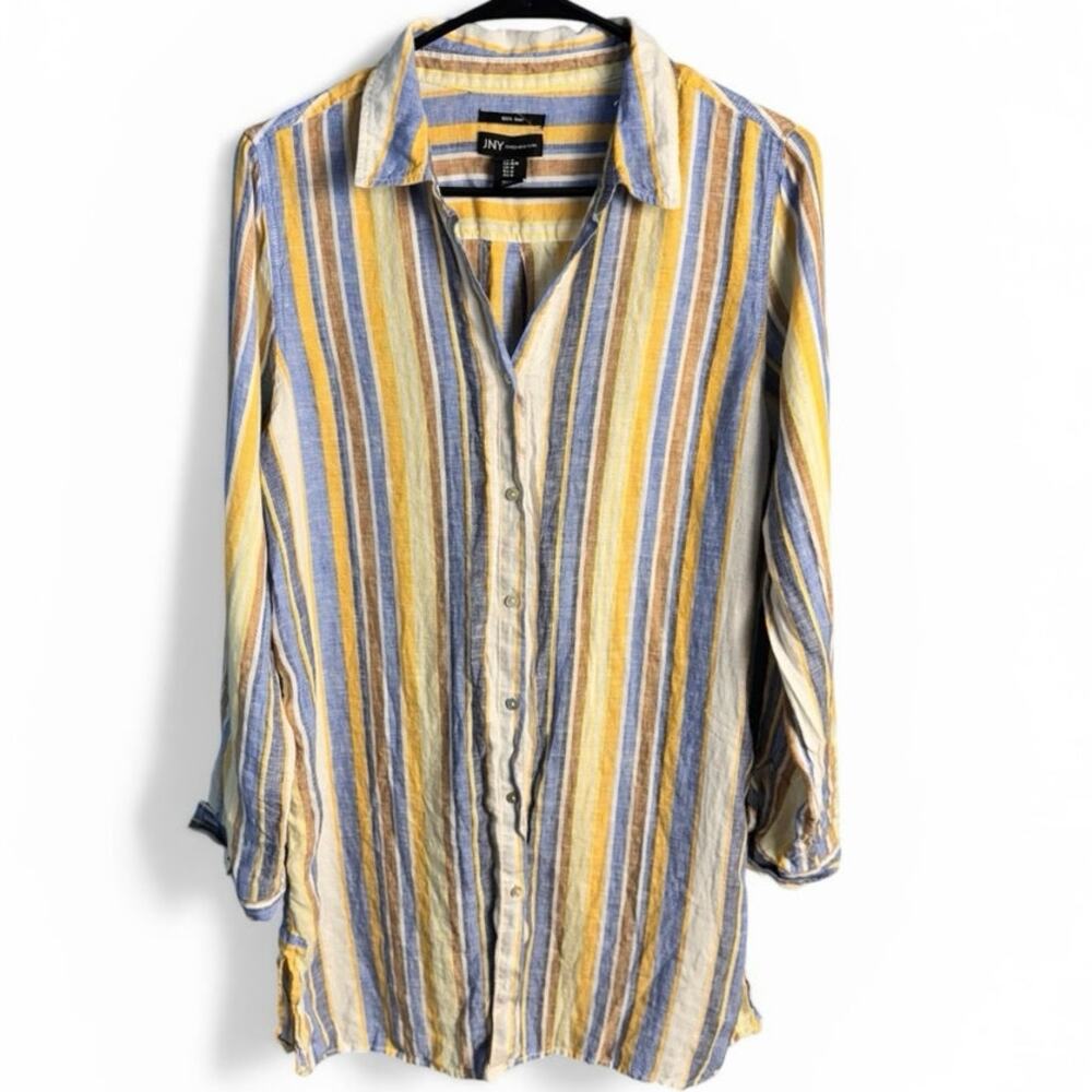 JNY Jones New York 100% Linen Striped Button Down Shirt Blue Yellow Size M